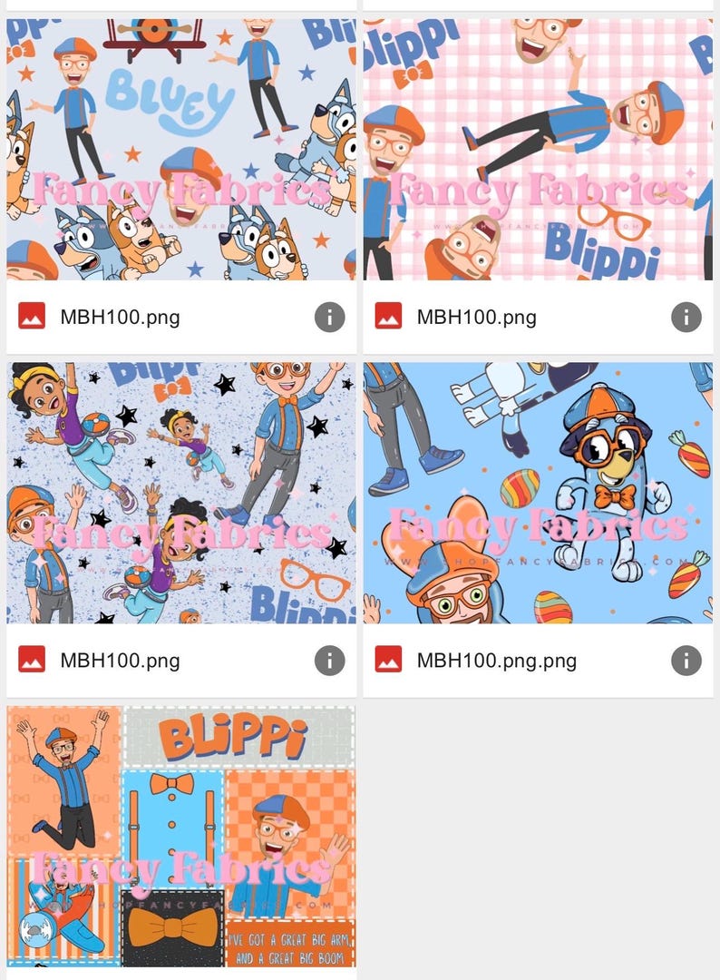 Puede incluir: Dise&ntilde;os de tela con personajes de los programas infantiles "Bluey" y "Blippi". Los dise&ntilde;os incluyen personajes de dibujos animados, estrellas y texto sobre varios fondos, incluyendo azul claro y cuadros rosas.