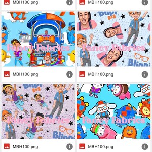 Puede incluir: Muestras de tela con personajes de dibujos animados coloridos y el texto "Blippi" y "Fancy Fabrics". Los dise&ntilde;os incluyen un tren, una excavadora y varios personajes sobre fondos azul claro, rosa y morado.