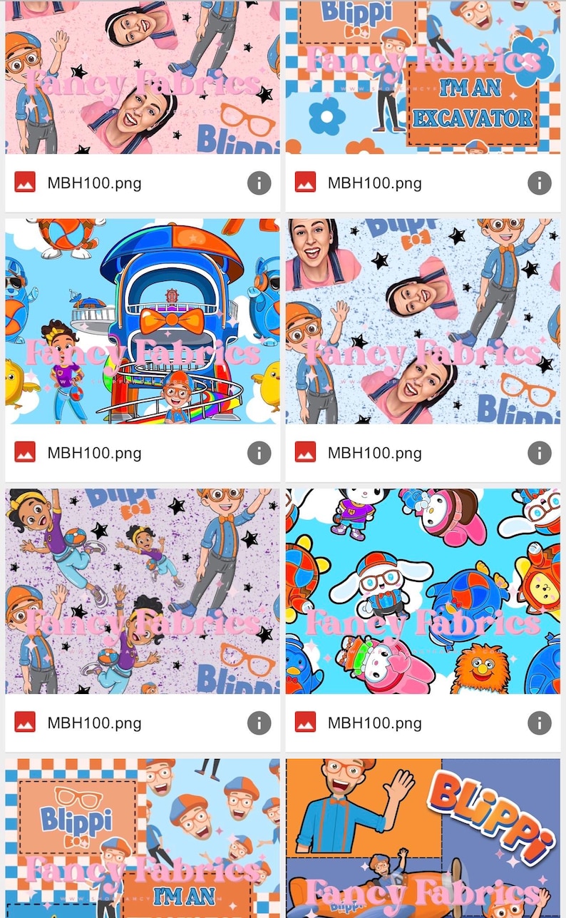 Puede incluir: Muestras de tela con personajes de dibujos animados coloridos y el texto "Blippi" y "Fancy Fabrics". Los dise&ntilde;os incluyen un tren, una excavadora y varios personajes sobre fondos azul claro, rosa y morado.