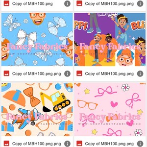 Puede incluir: Dise&ntilde;os de tela con veh&iacute;culos de construcci&oacute;n, mariposas, lazos y personajes de dibujos animados. Los textos "Fancy Fabrics" y "Blippi" son visibles. Los dise&ntilde;os son en varios colores, incluyendo azul, naranja y rosa.