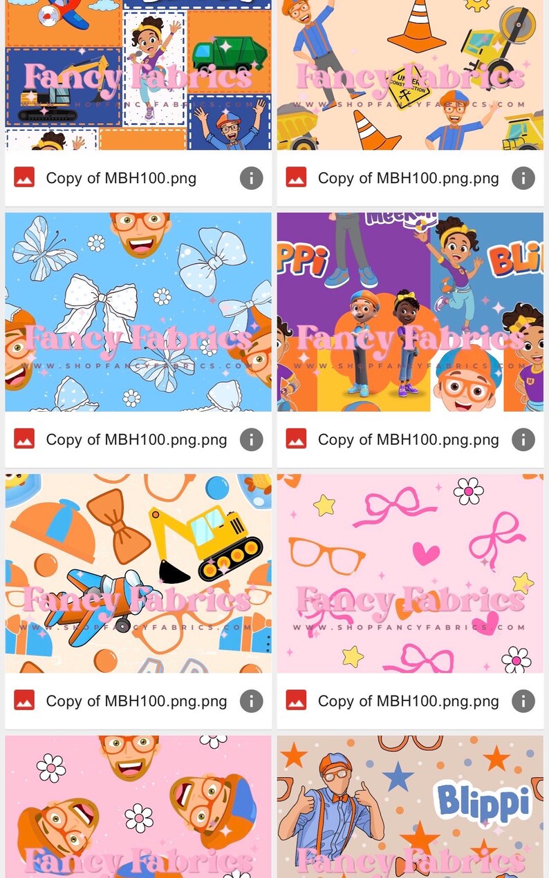 Puede incluir: Dise&ntilde;os de tela con veh&iacute;culos de construcci&oacute;n, mariposas, lazos y personajes de dibujos animados. Los textos "Fancy Fabrics" y "Blippi" son visibles. Los dise&ntilde;os son en varios colores, incluyendo azul, naranja y rosa.