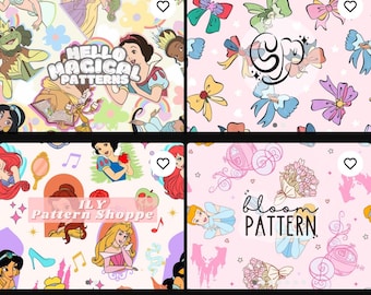 May include: Collection of seamless patterns featuring various Disney princesses in colorful dresses. The patterns include text such as "Hello Magical Patterns", "ILY Pattern Shoppe", and "Bloom Pattern". The image also includes the text "Seamless patterns, 300 dpi".