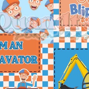 Puede incluir: Un dise&ntilde;o colorido con el personaje Blippi, una excavadora y el texto "I'M AN EXCAVATOR". El dise&ntilde;o incluye elementos naranjas, azules y amarillos, con un patr&oacute;n de cuadros y ilustraciones de dibujos animados.