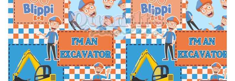 Puede incluir: Un dise&ntilde;o colorido con el personaje Blippi, una excavadora y el texto "I'M AN EXCAVATOR". El dise&ntilde;o incluye elementos naranjas, azules y amarillos, con un patr&oacute;n de cuadros y ilustraciones de dibujos animados.