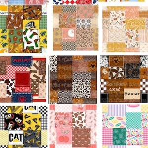 May include: A patchwork design featuring various patterns and motifs. The design includes cowboy boots, bows, stars, and checkered patterns in red, white, and blue. Other patches feature logos and images of tractors and tools.