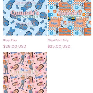Puede incluir: Se muestran tres patrones de tela. El primero presenta formas de conejito de Pascua azules sobre un fondo azul claro. El segundo muestra un patr&oacute;n con la palabra "Blippi" y una persona en naranja y azul sobre un fondo a cuadros. El tercer patr&oacute;n es rosa con la palabra "Blippi" y una persona.