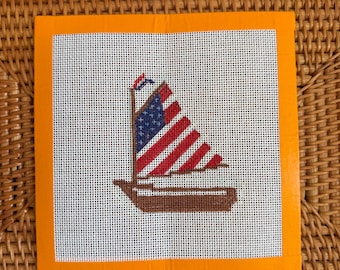Lienzo bordado de velero / Diseño náutico pintado a mano / Malla 18 / 6x6