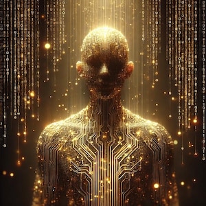 May include: A digital artwork showing a human figure made of gold circuitry, with glowing particles and binary code. The artwork has a futuristic, technological theme. The face of the figure is detailed, with intricate circuit patterns. The overall effect is one of advanced technology.