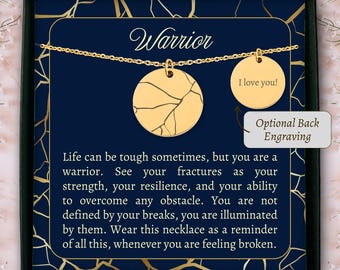 Personalized warrior necklace Kintsugi inspired pottery encouragement gift for friend, recovery necklace with Kintsugi meaning card strength