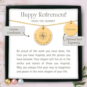 Personalized compass necklace retirement gift for coworker happy retirement compass necklace custom coordinates necklace mentor appreciation