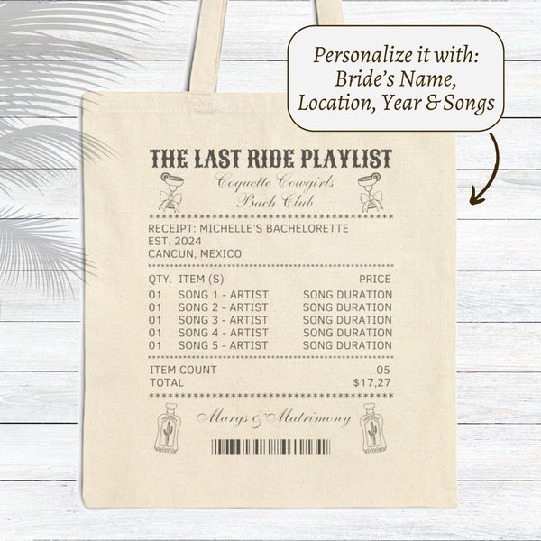 Custom song receipt tote bag for cowgirl bachelorette party coquette bach club playlist receipt coquette cowgirl receipt playlist bach club