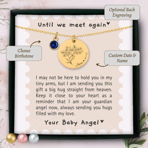 May include: A gold necklace with a circular pendant engraved with a floral pattern, the name "Johan", and the date "04.17.25". The necklace also has a blue gemstone and the words "Until we meet again". The text "Choose Birthstone" and "Custom Date & Name" are also visible.