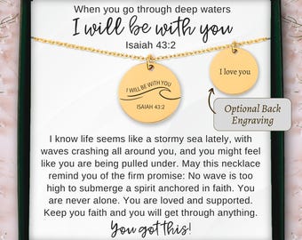 Personalized waves necklace Bible verse engraved pendant gift for friend, when you pass through deep waters I will be with you Isaiah 43 2