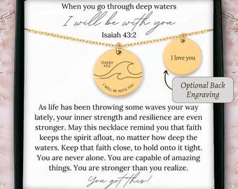 Personalized ocean waves necklace encouragement gift for friend Bible verse Isaiah 43:2 when you pass through deep waters I will be with you
