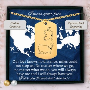 Cadeau personnalisé pour une relation longue distance pour lui, cadeau couple LDR, carte du pays, collier gravé, lien cubain, dog tag, collier deux cartes