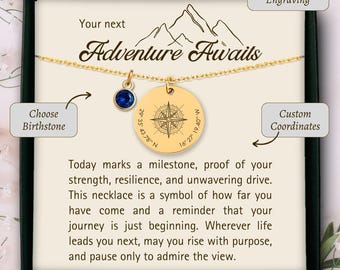 Personalized best friend congrats gift coordinates graduation necklace, compass necklace best friend graduation gift, new chapter grad gift