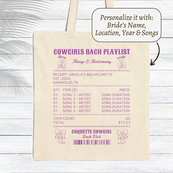 Custom song receipt tote for cowgirl bachelorette party, coquette and cowgirl bride receipt playlist bachelorette party songs receipt tote