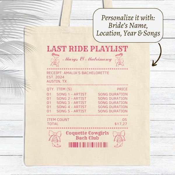 Custom western playlist receipt tote bag for bach party, country songs bach club margs and matrimony tote coquette and cowgirl playlist trip