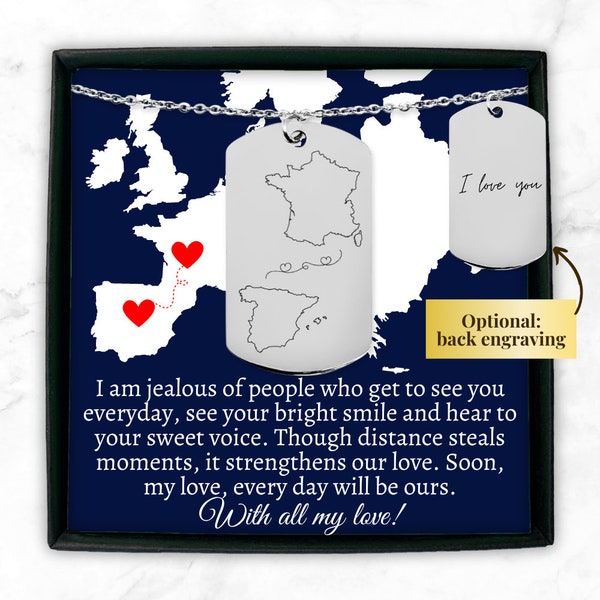 Personalisierte Fern Beziehung Geschenk für Freund ich wünschte du lebtest nebenan Länder Halskette für ihn LDR Geschenk Karte graviert