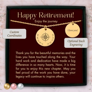 Personalized coordinates necklace happy retirement gift for boss, next chapter compass necklace, custom officially retired gifts for woman
