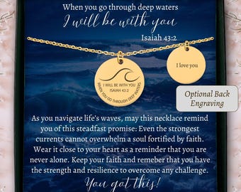 Personalized wave necklace christian gift Bible verse jewelry when you go through deep waters I will be with you Isaiah 43 scripture jewelry