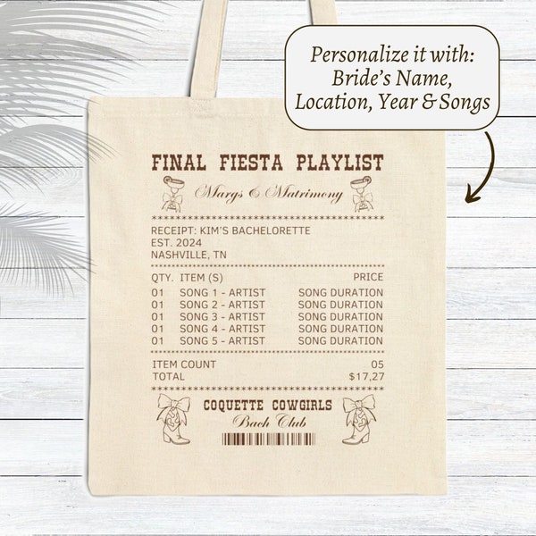 Custom western theme bachelorette playlist receipt tote bag bridesmaid favors coquette cowgirl hen party song receipt tote bag cowgirl bride