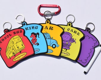 Breadcrumbs--Backpack tags to help kids remember how to get home after school--Bus, Car, Walking, Day Care, and Blank--Carabiner/Pen/Bag