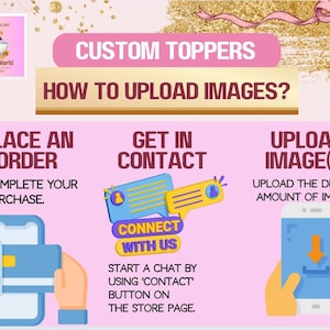 May include: An illustrated guide for ordering custom toppers. The image shows a pink and gold background with text that reads "CUSTOM TOPPERS" and "HOW TO UPLOAD IMAGES?". Steps include placing an order, getting in contact, and uploading images.