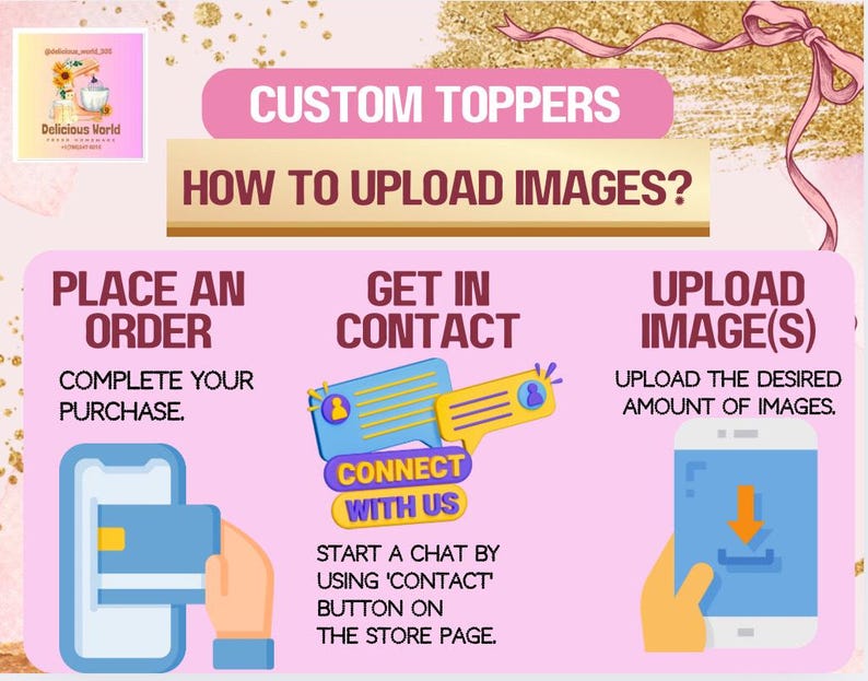 May include: An illustrated guide for ordering custom toppers. The image shows a pink and gold background with text that reads "CUSTOM TOPPERS" and "HOW TO UPLOAD IMAGES?". Steps include placing an order, getting in contact, and uploading images.