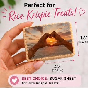 May include: A rectangular sugar sheet featuring a printed sunset beach scene with hands forming a heart shape. The sheet measures 2.5 inches by 1.8 inches. Text on the image includes "Perfect for Rice Krispie Treats!" and "BEST CHOICE: SUGAR SHEET".