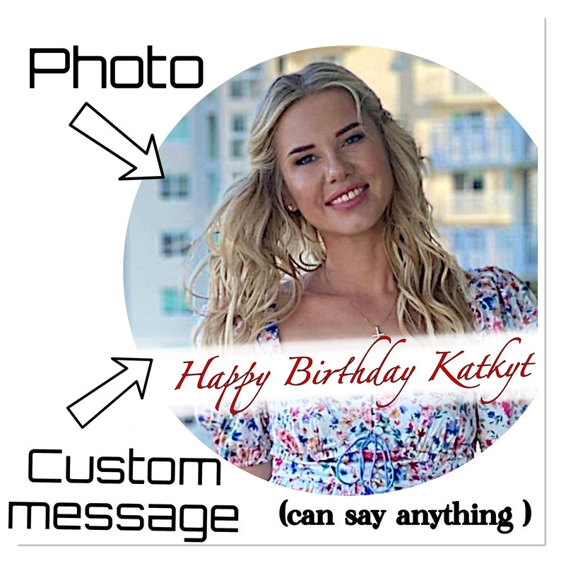 May include: A personalized photo gift featuring a woman with blonde hair, smiling, set within a white circle. The text "Happy Birthday Kathy" is written in a cursive font. The image is labeled "Photo" and "Custom message".