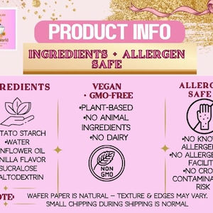May include: Pink product information graphic with text: Ingredients, Vegan, Allergen Safe. Ingredients include potato starch, water, sunflower oil, vanilla flavor, sucralose, and maltodextrin. The product is vegan, GMO-free, plant-based, and allergen safe.