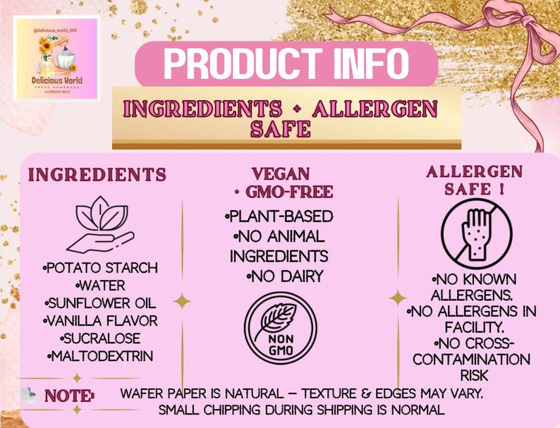 May include: Pink product information graphic with text: Ingredients, Vegan, Allergen Safe. Ingredients include potato starch, water, sunflower oil, vanilla flavor, sucralose, and maltodextrin. The product is vegan, GMO-free, plant-based, and allergen safe.