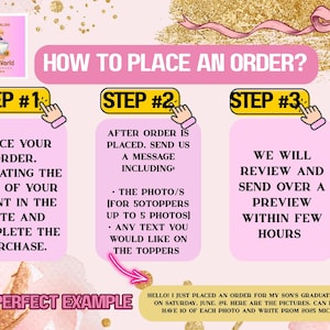 May include: A pink and gold graphic with instructions on how to place an order. The steps include placing an order, sending a message with photos and text, and reviewing a preview. The image includes a sample order.