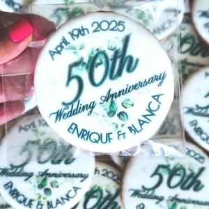 Custom 50th Wedding Anniversary Cookies – Edible Ink Printed Directly on Cookies – Personalized Golden Anniversary Favors Greenery cookies