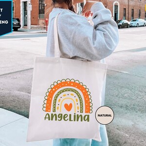 Personalized Name Rainbow Tote Bag, School Tote Gift Custom Name Tote Bag, Library Teacher Bag, Customized Name Gift For Her,Kids School Bag