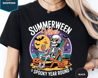 Summerween Comfort Color Tshirt, Spooky Summer Vibes Funny Jack o Lantern Beach Party Tee Vacation Shirt Scary Movie Lover Gift Aesthetic