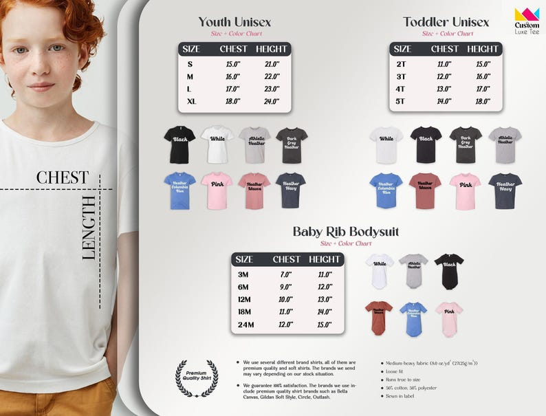 The image is a collage of various images, including a young girl with red hair, a white shirt, and different colored t-shirts. The collage also includes a chart with size and chest height information for both youth and toddler unisex clothing.