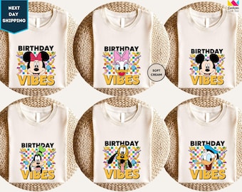 Disney Retro 90s Mickey And Friends Birthday Vibes Shirt, Cute Minnie Donald Daisy Tee, Disneyland Magic Kingdom Family Vacation 2026 Trip