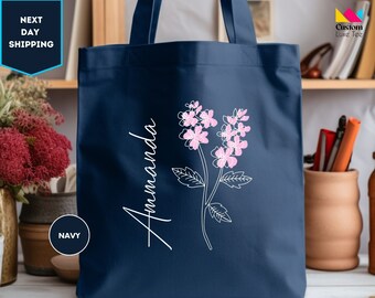 Flower Tote with Name, Personalized Flower Bag, Mothers Day Gifts, Gift for Mom, Custom Canvas Tote Bag, Floral Shopping Bag