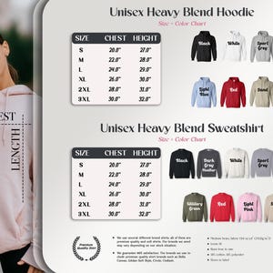 The image is a collage of various images, including a woman wearing a pink hoodie, a black and white sport sweatshirt, and a red and white sweatshirt. The collage also includes a chest size chart for a heavy blend hoodie and a color chart for a heavy blend sweatshirt.
