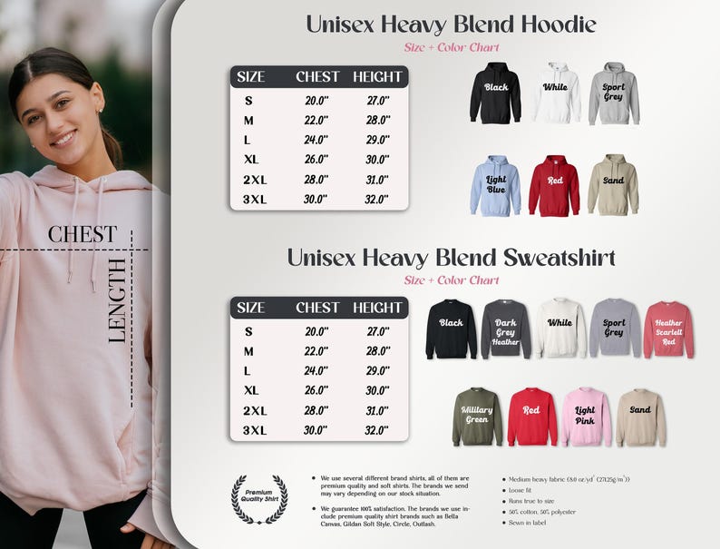 The image is a collage of various images, including a woman wearing a pink hoodie, a black and white sport sweatshirt, and a red and white sweatshirt. The collage also includes a chest size chart for a heavy blend hoodie and a color chart for a heavy blend sweatshirt.