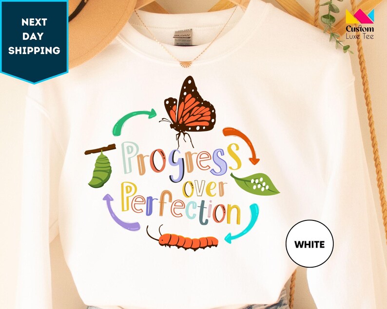 Progress Over Perfection Sweatshirt, Teacher Sweatshirt, Butterflies Teacher Sweater, Gift For Teacher Sweatshirt, Back to Scool Sweatshirt image 1
