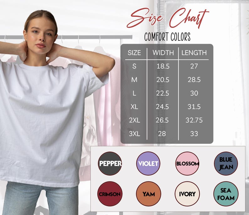 a woman wearing a white t-shirt, posing in front of a size chart for comfort colors.