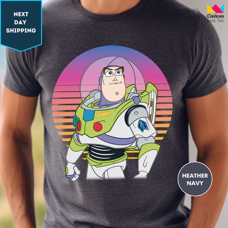 a man wearing a t - shirt with an image of buzz lightyear