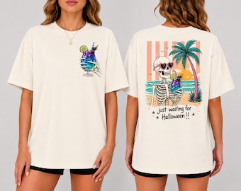Striped Summerween T-Shirt, Spooky Summer Cocktail Shirt, Summer Goth Skeleton Tee, Just Waiting For Halloween Drinking, Beach Shirt