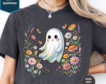 Halloween Ghost T-shirt, Floral Ghost Shirt, Spooky Season Tee, Halloween Party Outfit, Cute Halloween Womens Clothing Gifts