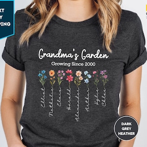 Gepersonaliseerde oma-tuinshirt, geboortemaand bloem met namen kleinkinderen shirt, oma&#39;s tuin-t-shirt, T-shirt voor cadeau-idee voor Happy Mother&#39;s Day