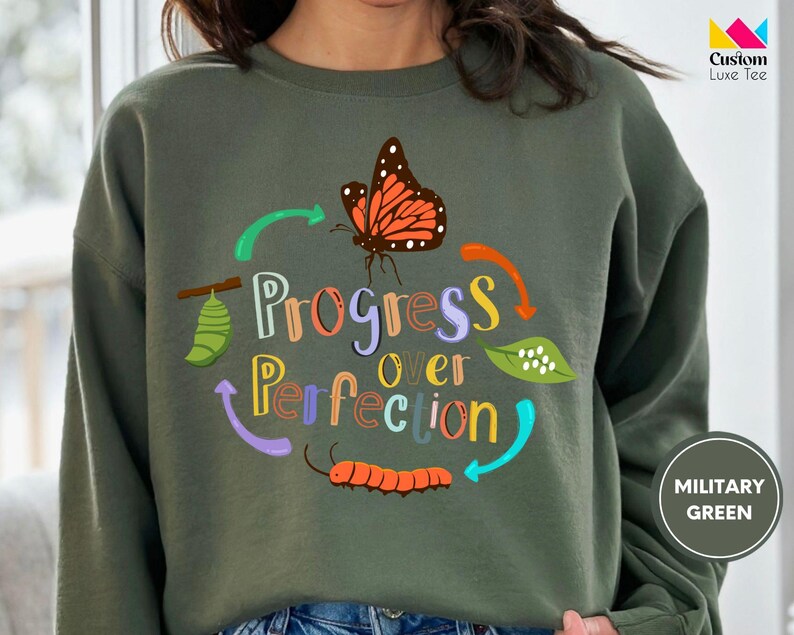 Progress Over Perfection Sweatshirt, Teacher Sweatshirt, Butterflies Teacher Sweater, Gift For Teacher Sweatshirt, Back to Scool Sweatshirt image 2
