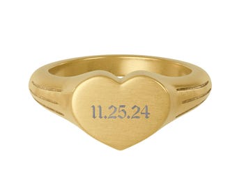 Anillo de sello con corazón grabado / Oro de 18 quilates y acero inoxidable, regalo personalizado